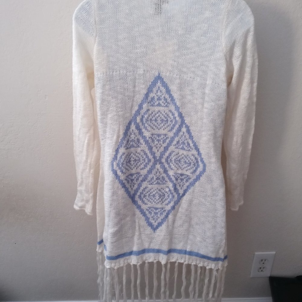 NWT Boho Fringe Cover-Up Sweater Cardigan - White & Blue Back Print - Joe Boxer